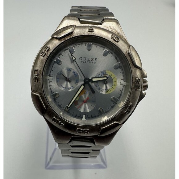 Guess Waterpro Watch Men Silver Tone 38MM Multi Dial Day Date New Battery 8" - Picture 1 of 13